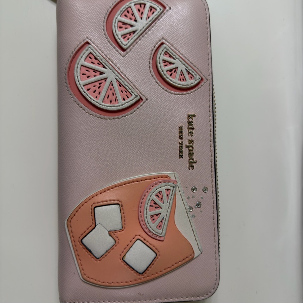 kate spade Pink Leather Citrus Appliqué Zip Wallet
